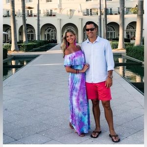 Boutique Off the Shoulder Maxi Dress Tie Dye Purple, Blue and Pink Size Small